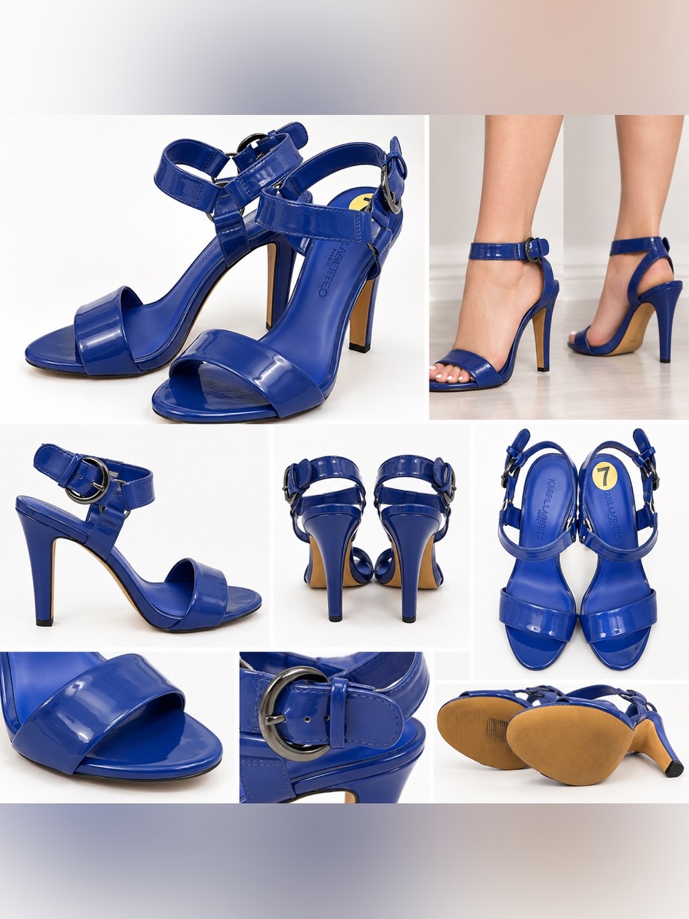 Karl Lagerfeld Paris Blue Patent Leather Heeled Sandals – Size 7
